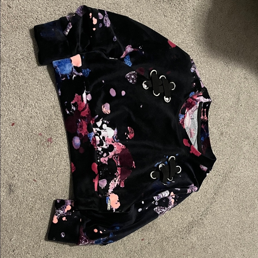 Justice Black and Pink Splatter Crop Velour Sweatshirt